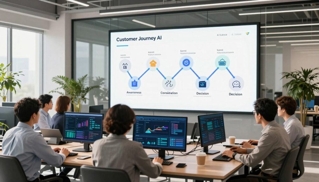 A vibrant marketing office space reflecting the theme of "Customer Journey AI" for AI XLence. In the foreground, a diverse group of professionals in business attire engaged in a collaborative discussion, examining digital data on screens. In the middle, a large interactive display showcases the customer journey stages, with visuals of awareness, consideration, and decision-making phases represented as flowing lines connecting various icons. The background features modern office elements, such as glass walls and greenery, creating a fresh, innovative atmosphere. Natural light streams in through large windows, casting soft shadows, while the overall mood is energetic and forward-thinking, emphasizing teamwork and technology in a contemporary marketing environment. A vibrant marketing office space reflecting the theme of "Customer Journey AI" for AI XLence. In the foreground, a diverse group of professionals in business attire engaged in a collaborative discussion, examining digital data on screens. In the middle, a large interactive display showcases the customer journey stages, with visuals of awareness, consideration, and decision-making phases represented as flowing lines connecting various icons. The background features modern office elements, such as glass walls and greenery, creating a fresh, innovative atmosphere. Natural light streams in through large windows, casting soft shadows, while the overall mood is energetic and forward-thinking, emphasizing teamwork and technology in a contemporary marketing environment.