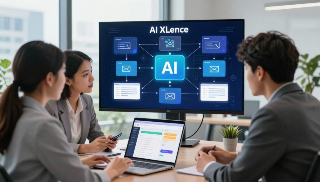 A vibrant, modern office environment showcasing the concept of AI email marketing. In the foreground, a diverse group of three professionals—two women and a man—intently discussing a digital marketing strategy. They are dressed in professional business attire, with a laptop open, displaying colorful email campaign analytics. Midground elements include a large screen showing a dynamic flowchart of an email marketing campaign, infused with visually appealing graphics that represent AI algorithms. In the background, large windows let in natural light, creating a bright atmosphere, with greenery outside hinting at a bustling cityscape. The overall mood is focused and innovative, capturing the essence of "AI XLence" in transforming digital marketing without guesswork.