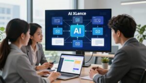 A vibrant, modern office environment showcasing the concept of AI email marketing. In the foreground, a diverse group of three professionals—two women and a man—intently discussing a digital marketing strategy. They are dressed in professional business attire, with a laptop open, displaying colorful email campaign analytics. Midground elements include a large screen showing a dynamic flowchart of an email marketing campaign, infused with visually appealing graphics that represent AI algorithms. In the background, large windows let in natural light, creating a bright atmosphere, with greenery outside hinting at a bustling cityscape. The overall mood is focused and innovative, capturing the essence of "AI XLence" in transforming digital marketing without guesswork.