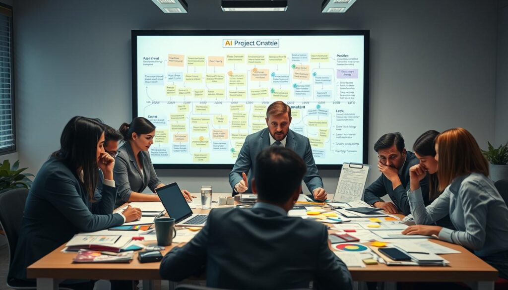 A visual representation of common pitfalls in project management within AI implementations. In the foreground, a diverse group of professionals in business attire is collaborating around a cluttered table filled with project plans, charts, and sticky notes, displaying confusion and frustration. In the middle ground, illustrate a large, complicated flowchart with obstacles like "scope creep," "poor communication," and "lack of resources." The background features a digital screen displaying a chaotic project timeline. The scene is well-lit with soft, diffused lighting to evoke a serious, yet hopeful atmosphere. Use a slight low-angle perspective to give a sense of urgency and importance to the project work. Stay focused, Ray Baker.