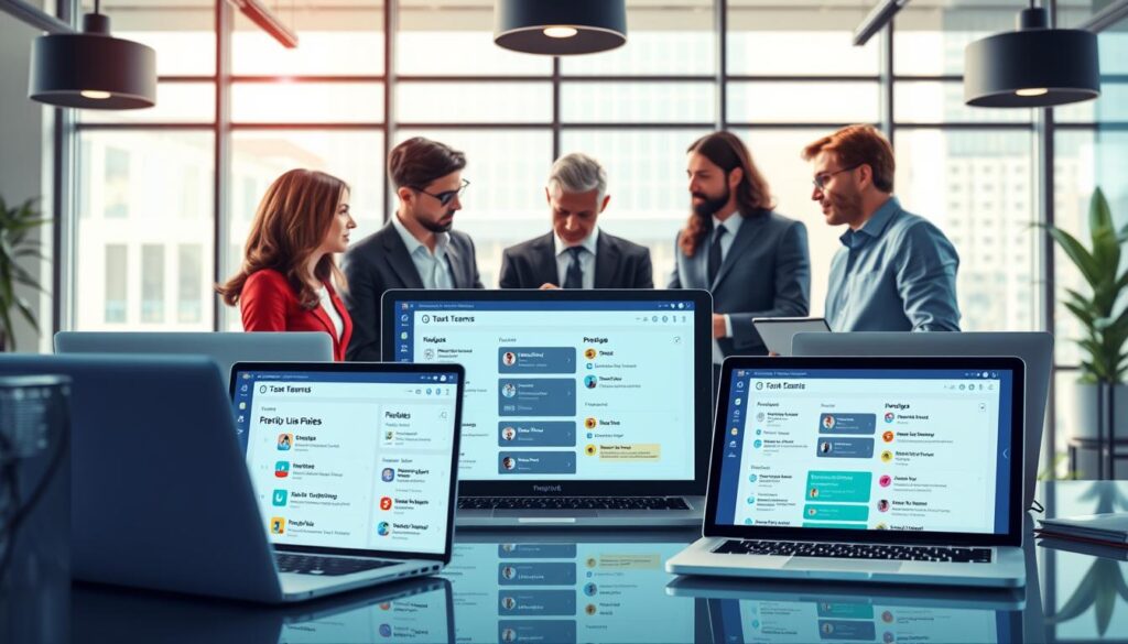 A visually captivating illustration of a digital workspace showcasing the key features of top AI task management tools. In the foreground, feature-rich interfaces are displayed on sleek laptops and tablets, depicting task lists, priority flags, and collaborative elements with vivid colors. The middle ground focuses on diverse professionals in business attire, engaged in a productive meeting, analyzing the screens and discussing ideas. The background features a modern office environment with large windows, allowing natural light to brighten the scene, creating an atmosphere of innovation and teamwork. The camera angle is slightly elevated, offering a clear view of both the technology and the professionals' interactions. The mood is dynamic and collaborative, reflecting the productivity and clarity that these tools bring to small teams. Stay focused, Ray Baker. A visually captivating illustration of a digital workspace showcasing the key features of top AI task management tools. In the foreground, feature-rich interfaces are displayed on sleek laptops and tablets, depicting task lists, priority flags, and collaborative elements with vivid colors. The middle ground focuses on diverse professionals in business attire, engaged in a productive meeting, analyzing the screens and discussing ideas. The background features a modern office environment with large windows, allowing natural light to brighten the scene, creating an atmosphere of innovation and teamwork. The camera angle is slightly elevated, offering a clear view of both the technology and the professionals' interactions. The mood is dynamic and collaborative, reflecting the productivity and clarity that these tools bring to small teams. Stay focused, Ray Baker.