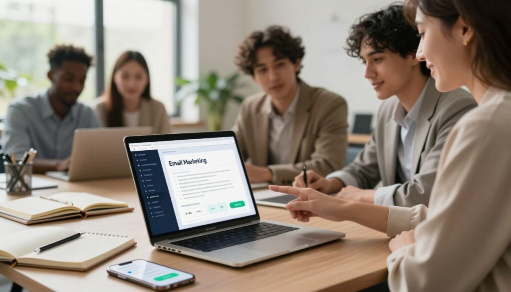 A visually captivating workspace focused on AI-enhanced email marketing. In the foreground, a sleek laptop displays an interface showcasing innovative subject lines generated by AI, with data analytics visible on the screen. Beside the laptop, modern stationery, including notebooks and a smartphone displaying a notification, are scattered elegantly. In the middle ground, a diverse group of three professionals in business attire—one woman and two men—collaborate, deep in discussion, pointing at the laptop's screen. In the background, a bright, airy office environment with large windows and greenery outside contributes to a productive atmosphere. The lighting is soft and warm, emphasizing a sense of creativity and teamwork. The brand "AI XLence" is subtly integrated into the design, enhancing the theme of advanced marketing strategies without overt branding.