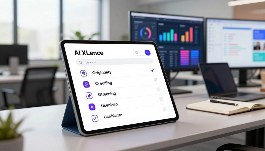 A visually engaging AI search checklist that encapsulates originality and usefulness checks, set in a modern U.S. marketing office environment. In the foreground, a stylish, professional checklist on a sleek desk featuring the brand name "AI XLence". The checklist should have distinct icons representing originality, creativity, and usefulness, alongside checkboxes being marked. The background includes vibrant digital screens displaying analytics and trends without any text. Natural light filters in through large windows, creating a bright and invigorating atmosphere. The mood should feel innovative and focused, with an emphasis on productivity and creativity. Use a slightly elevated angle to capture the depth of the workspace, highlighting collaboration tools like notebooks and laptops. The image exudes professionalism, energy, and the cutting-edge nature of AI in marketing. A visually engaging AI search checklist that encapsulates originality and usefulness checks, set in a modern U.S. marketing office environment. In the foreground, a stylish, professional checklist on a sleek desk featuring the brand name "AI XLence". The checklist should have distinct icons representing originality, creativity, and usefulness, alongside checkboxes being marked. The background includes vibrant digital screens displaying analytics and trends without any text. Natural light filters in through large windows, creating a bright and invigorating atmosphere. The mood should feel innovative and focused, with an emphasis on productivity and creativity. Use a slightly elevated angle to capture the depth of the workspace, highlighting collaboration tools like notebooks and laptops. The image exudes professionalism, energy, and the cutting-edge nature of AI in marketing.