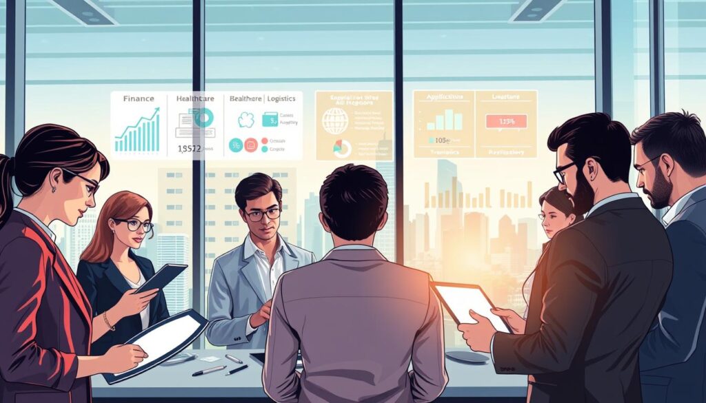 A visually engaging illustration depicting a modern office environment showcasing case studies of document automation in various sectors. In the foreground, a diverse group of professionals in business attire collaborate over digital devices, analyzing data on sleek tablets and laptops. The middle ground features infographics and charts projected on a glass wall, highlighting applications in finance, healthcare, and logistics. In the background, large windows reveal a city skyline, letting in natural light that creates a bright and optimistic atmosphere. The scene conveys innovation and efficiency, with a focus on teamwork and technology. Capture the mood of forward-thinking and problem-solving, using a wide-angle lens to emphasize depth and collaboration. Stay focused, Ray Baker. A visually engaging illustration depicting a modern office environment showcasing case studies of document automation in various sectors. In the foreground, a diverse group of professionals in business attire collaborate over digital devices, analyzing data on sleek tablets and laptops. The middle ground features infographics and charts projected on a glass wall, highlighting applications in finance, healthcare, and logistics. In the background, large windows reveal a city skyline, letting in natural light that creates a bright and optimistic atmosphere. The scene conveys innovation and efficiency, with a focus on teamwork and technology. Capture the mood of forward-thinking and problem-solving, using a wide-angle lens to emphasize depth and collaboration. Stay focused, Ray Baker.