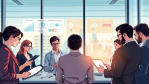 A visually engaging illustration depicting a modern office environment showcasing case studies of document automation in various sectors. In the foreground, a diverse group of professionals in business attire collaborate over digital devices, analyzing data on sleek tablets and laptops. The middle ground features infographics and charts projected on a glass wall, highlighting applications in finance, healthcare, and logistics. In the background, large windows reveal a city skyline, letting in natural light that creates a bright and optimistic atmosphere. The scene conveys innovation and efficiency, with a focus on teamwork and technology. Capture the mood of forward-thinking and problem-solving, using a wide-angle lens to emphasize depth and collaboration. Stay focused, Ray Baker.