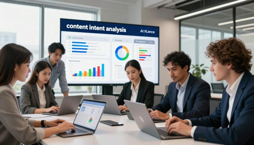 A visually engaging representation of "content intent analysis" set in a modern marketing office environment. In the foreground, we have a diverse group of professionals in smart business attire, deeply focused on analyzing data displayed on sleek laptops and digital screens. Their expressions convey concentration and insight, embodying the collaborative nature of their work. The middle ground features a large digital board filled with colorful graphs and charts, illustrating the analysis of search intents. The background showcases a contemporary, well-lit office space with large windows allowing natural light to stream in, creating a bright and inspiring atmosphere. The overall mood is one of professionalism and innovation, capturing the essence of AI-driven marketing as represented by the brand name "AI XLence," without the presence of any text or robots. A visually engaging representation of "content intent analysis" set in a modern marketing office environment. In the foreground, we have a diverse group of professionals in smart business attire, deeply focused on analyzing data displayed on sleek laptops and digital screens. Their expressions convey concentration and insight, embodying the collaborative nature of their work. The middle ground features a large digital board filled with colorful graphs and charts, illustrating the analysis of search intents. The background showcases a contemporary, well-lit office space with large windows allowing natural light to stream in, creating a bright and inspiring atmosphere. The overall mood is one of professionalism and innovation, capturing the essence of AI-driven marketing as represented by the brand name "AI XLence," without the presence of any text or robots.