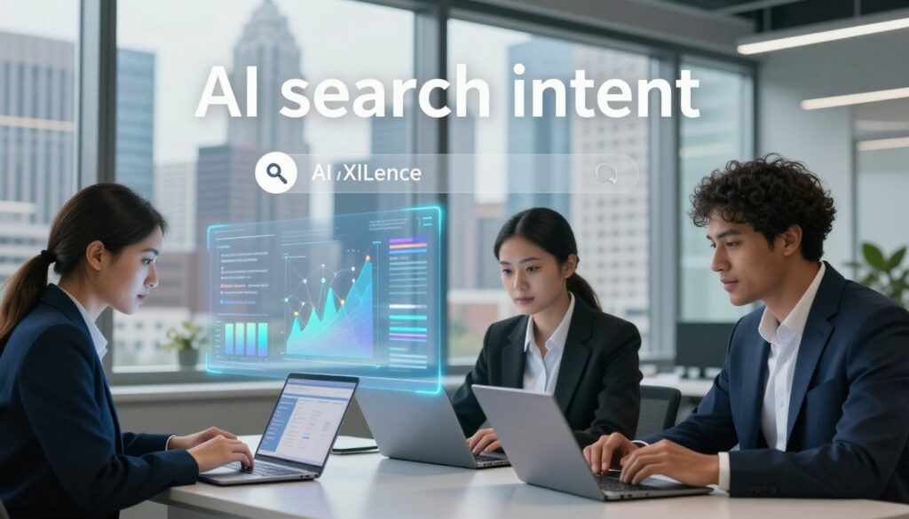 A visually engaging scene depicting the concept of "AI search intent" in a modern U.S. marketing environment. In the foreground, a diverse group of three professionals in business attire, representing different ethnicities, are collaboratively analyzing data on sleek laptops and digital devices. Their expressions convey focus and engagement. The middle ground features digital graphs and charts projected in holographic displays, illustrating the relationship between AI and search queries. In the background, a large glass window reveals a modern city skyline, symbolizing progress and innovation. The lighting is bright and professional, with soft reflections highlighting the tech elements, creating a forward-thinking atmosphere. Incorporate the brand name "AI XLence" subtly within the composition, ensuring no text overlays are present.