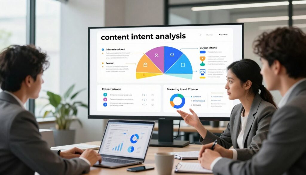 A visually engaging scene illustrating "content intent analysis" in a modern U.S. marketing environment. In the foreground, a diverse group of three professionals in business attire passionately discusses a digital marketing strategy, analyzing charts and data on a sleek laptop. In the middle, a large digital display shows segmented graphs representing informational and buyer intent, with clear visual distinctions using colors and icons. The background features a contemporary office setting with large windows, allowing natural light to illuminate the scene, producing a warm and focused atmosphere. A subtle hint of greenery adds to the modern vibe. The branding "AI XLence" is subtly integrated into the office design elements. The overall mood conveys innovation, collaboration, and clarity in understanding user intent. A visually engaging scene illustrating "content intent analysis" in a modern U.S. marketing environment. In the foreground, a diverse group of three professionals in business attire passionately discusses a digital marketing strategy, analyzing charts and data on a sleek laptop. In the middle, a large digital display shows segmented graphs representing informational and buyer intent, with clear visual distinctions using colors and icons. The background features a contemporary office setting with large windows, allowing natural light to illuminate the scene, producing a warm and focused atmosphere. A subtle hint of greenery adds to the modern vibe. The branding "AI XLence" is subtly integrated into the office design elements. The overall mood conveys innovation, collaboration, and clarity in understanding user intent.
