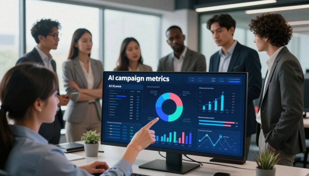 A visually impactful illustration of "AI campaign metrics" representing a modern U.S. marketing environment. In the foreground, display a sleek digital dashboard filled with vivid graphs, pie charts, and data analytics specifically analyzing AI-driven marketing performance, featuring the brand name "AI XLence" prominently. The middle ground should showcase a group of diverse professionals in business attire engaged in a collaborative discussion, pointing at the metrics on the digital display. In the background, depict a contemporary office setting with large windows letting in soft, natural daylight, reflecting a productive atmosphere. Use a shallow depth of field to emphasize the foreground elements, while maintaining a clear view of the professionals and their interaction. The overall mood is dynamic and innovative, highlighting the significance of effective AI-assisted marketing strategies. A visually impactful illustration of "AI campaign metrics" representing a modern U.S. marketing environment. In the foreground, display a sleek digital dashboard filled with vivid graphs, pie charts, and data analytics specifically analyzing AI-driven marketing performance, featuring the brand name "AI XLence" prominently. The middle ground should showcase a group of diverse professionals in business attire engaged in a collaborative discussion, pointing at the metrics on the digital display. In the background, depict a contemporary office setting with large windows letting in soft, natural daylight, reflecting a productive atmosphere. Use a shallow depth of field to emphasize the foreground elements, while maintaining a clear view of the professionals and their interaction. The overall mood is dynamic and innovative, highlighting the significance of effective AI-assisted marketing strategies.