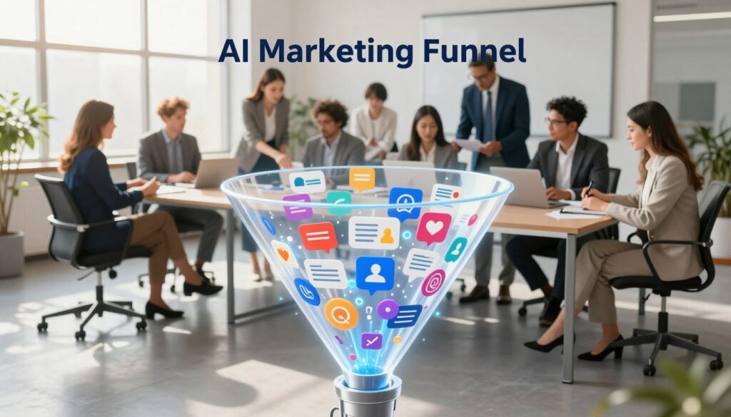 A visually striking representation of an "AI Marketing Funnel" set in a modern U.S. marketing environment. In the foreground, depict a sleek, semi-transparent funnel filled with vibrant digital content icons like blogs, videos, and social media posts, flowing downwards. In the middle ground, integrate images of diverse professionals in smart business attire, collaborating around a table with laptops and digital devices, strategizing on how to turn this content into leads and sales. The background showcases a stylish office space with large windows, sunlight streaming in, creating an optimistic and innovative atmosphere. Emphasize the brand name "AI XLence" subtly embedded within the design. Use a wide-angle perspective to capture the dynamic interaction among team members, all under soft, natural lighting to enhance professionalism.