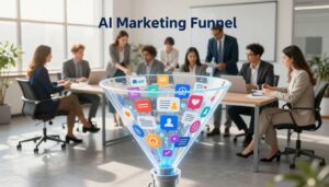A visually striking representation of an "AI Marketing Funnel" set in a modern U.S. marketing environment. In the foreground, depict a sleek, semi-transparent funnel filled with vibrant digital content icons like blogs, videos, and social media posts, flowing downwards. In the middle ground, integrate images of diverse professionals in smart business attire, collaborating around a table with laptops and digital devices, strategizing on how to turn this content into leads and sales. The background showcases a stylish office space with large windows, sunlight streaming in, creating an optimistic and innovative atmosphere. Emphasize the brand name "AI XLence" subtly embedded within the design. Use a wide-angle perspective to capture the dynamic interaction among team members, all under soft, natural lighting to enhance professionalism.