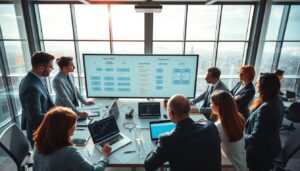 A visually striking representation of standard operating procedures for operational consistency. In the foreground, a diverse group of professionals in smart business attire are engaged in a collaborative discussion around a large table filled with documents, charts, and laptops displaying system workflows. The middle ground features a digital whiteboard with flowcharts and key procedural guidelines highlighted. In the background, a modern office environment with large windows showing a bright, clear sky enhances the mood of productivity and teamwork. The lighting is bright and natural, illuminating the space to create an atmosphere of professionalism and focus. The angle is slightly overhead, capturing both the interaction of the team and the details on the table, emphasizing the importance of structure in business processes. Stay focused, Ray Baker.