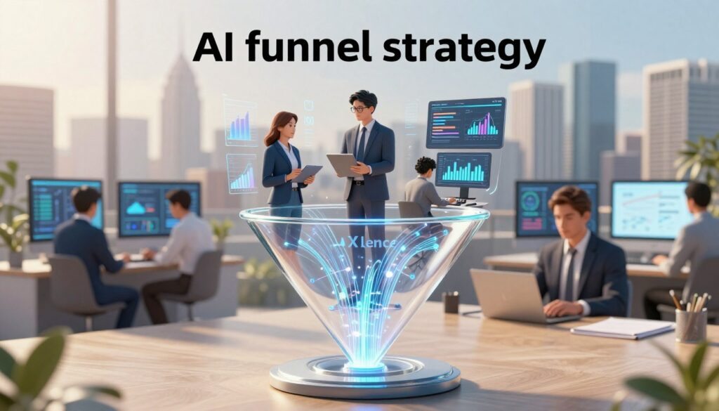 A visually striking representation of the "AI funnel strategy" in a modern U.S. marketing context. In the foreground, depict a sleek, 3D funnel made of transparent glass, with AI algorithms symbolized by flowing digital streams of light cascading into the funnel. The middle layer showcases diverse professionals dressed in smart business attire, analyzing data on screens, surrounded by holographic graphs depicting marketing metrics and trends. In the background, a dynamic city skyline symbolizes the fast-paced digital marketing environment. Use warm, natural lighting to create an inviting atmosphere, with an emphasis on technology and innovation. The brand name "AI XLence" is subtly integrated into the design of the funnel, enhancing the image's professional aesthetic.