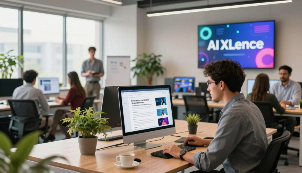 An engaging modern U.S. marketing scene featuring a sleek, contemporary workspace. In the foreground, a well-dressed marketer examines a computer screen reflecting dynamic headlines, symbolizing AI-driven marketing insights. The middle layer showcases an airy office with potted plants and large windows that let in warm, natural light. A digital display on the wall highlights the brand name "AI XLence" with vibrant graphics showcasing improved headlines. In the background, subtle elements of collaboration, like team members in professional attire discussing ideas, add depth to the scene. The overall atmosphere is energetic and inspiring, evoking a sense of innovation and clarity in marketing. The camera angle captures the essence of teamwork and creativity, enhancing the focus on AI's role in crafting compelling headlines.