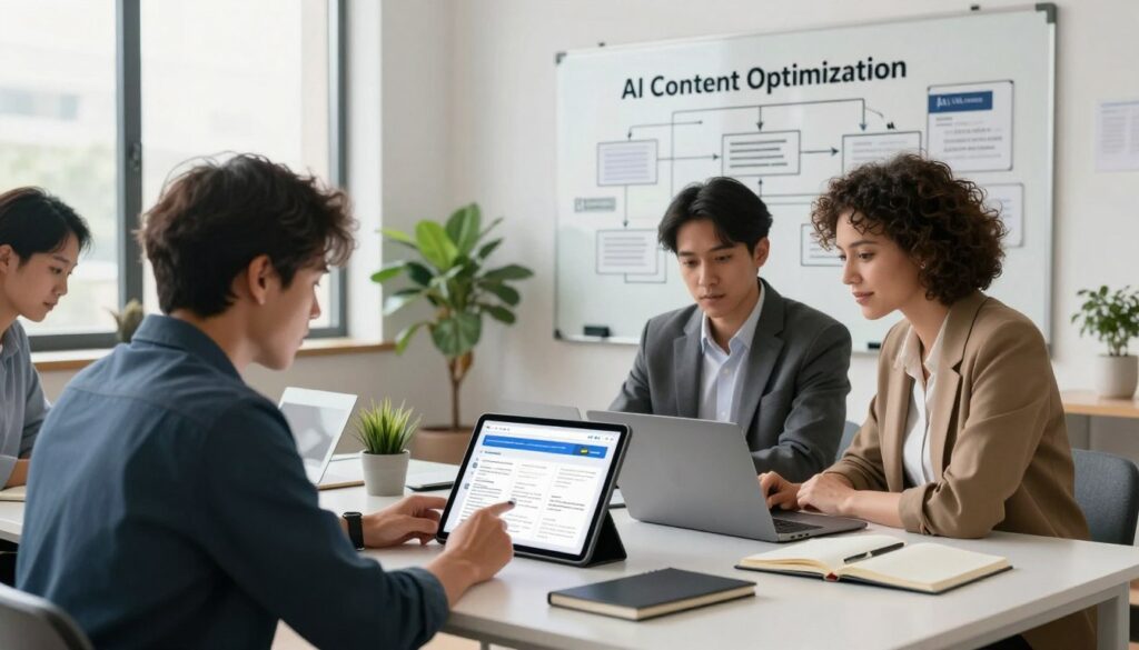 An engaging scene depicting "AI Content Optimization" in a modern U.S. marketing office. In the foreground, a diverse group of professionals—two men and two women—are focused on a digital tablet displaying structured articles guided by AI analytics. They are dressed in professional business attire. In the middle ground, a sleek desk filled with notebooks, a laptop, and a stylish plant complements the vibrant yet organized atmosphere. The background features a large whiteboard filled with flowcharts and ideas on content strategy, illuminated by soft natural light filtering through large windows, creating a productive and innovative environment. The brand name "AI XLence" subtly incorporated into the design elements around the office, enhancing the theme without distracting from the central action. The overall mood is collaborative, modern, and creative. An engaging scene depicting "AI Content Optimization" in a modern U.S. marketing office. In the foreground, a diverse group of professionals—two men and two women—are focused on a digital tablet displaying structured articles guided by AI analytics. They are dressed in professional business attire. In the middle ground, a sleek desk filled with notebooks, a laptop, and a stylish plant complements the vibrant yet organized atmosphere. The background features a large whiteboard filled with flowcharts and ideas on content strategy, illuminated by soft natural light filtering through large windows, creating a productive and innovative environment. The brand name "AI XLence" subtly incorporated into the design elements around the office, enhancing the theme without distracting from the central action. The overall mood is collaborative, modern, and creative.