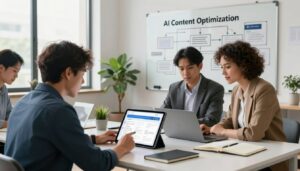 An engaging scene depicting "AI Content Optimization" in a modern U.S. marketing office. In the foreground, a diverse group of professionals—two men and two women—are focused on a digital tablet displaying structured articles guided by AI analytics. They are dressed in professional business attire. In the middle ground, a sleek desk filled with notebooks, a laptop, and a stylish plant complements the vibrant yet organized atmosphere. The background features a large whiteboard filled with flowcharts and ideas on content strategy, illuminated by soft natural light filtering through large windows, creating a productive and innovative environment. The brand name "AI XLence" subtly incorporated into the design elements around the office, enhancing the theme without distracting from the central action. The overall mood is collaborative, modern, and creative.