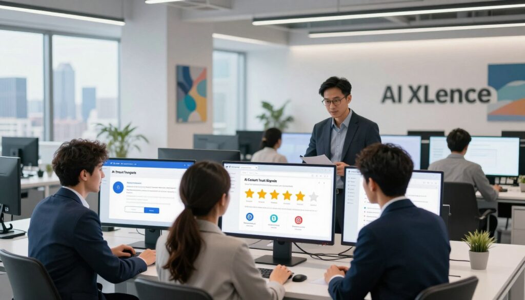 Create an image depicting "AI Content Trust Signals" in a modern U.S. marketing environment. In the foreground, display a diverse group of three professionals in business attire, examining digital screens showcasing various trust signals like ratings, endorsements, and security badges related to AI-generated content. In the middle ground, include a sleek, high-tech office space with bright lighting, large windows, and abstract art reflecting innovation. In the background, illustrate a city skyline to evoke a dynamic urban atmosphere. The lighting should be bright and inviting, captured from a slightly elevated angle to emphasize collaboration and engagement. The overall mood is optimistic and forward-thinking, with a focus on enhancing credibility in marketing through the integration of AI. Incorporate the brand name "AI XLence" creatively into the design elements of the office space.