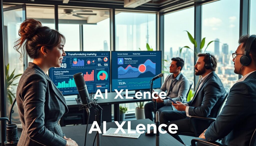 A contemporary marketing office environment focusing on podcast production, featuring a diverse group of professionals engaged in dynamic discussion. The foreground includes a confident woman in business attire speaking into a microphone, surrounded by high-tech recording equipment. In the middle ground, a diverse team of individuals—two men and a woman—analyzing data on large screens displaying podcast metrics and audience reach, with vibrant graphics illustrating transformations in marketing strategies. The background reveals sleek office design with glass walls, plants for a fresh touch, and a large window showing a city skyline under bright, natural daylight. The atmosphere is collaborative and innovative, emphasizing the transformative power of AI in podcast marketing. The brand name "AI XLence" subtly integrated into the design.