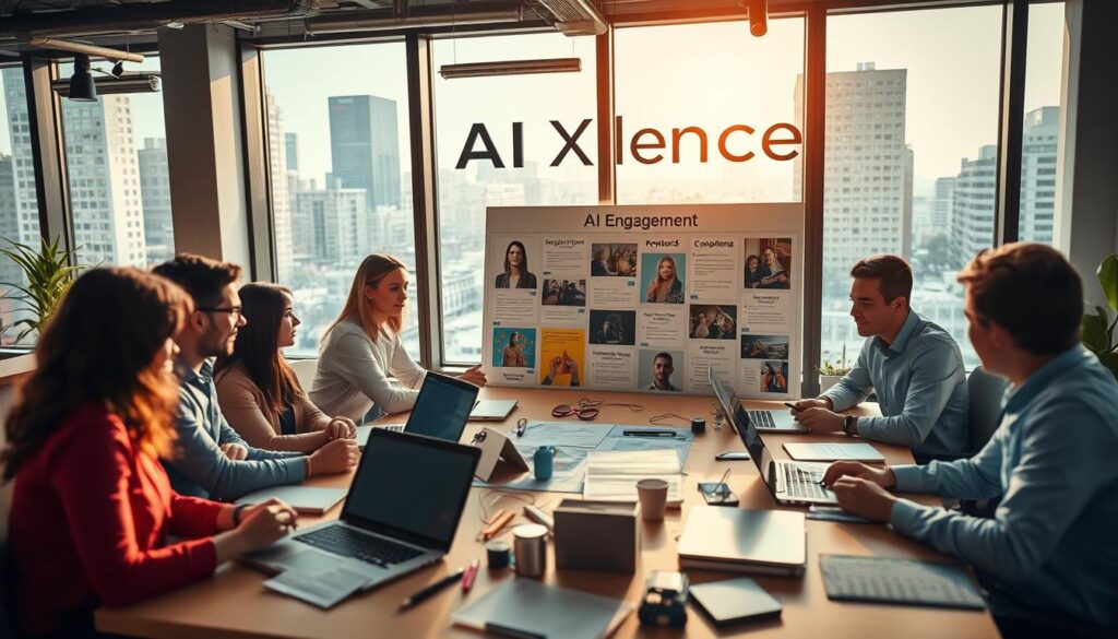 A creative workspace filled with a modern U.S. marketing team passionately brainstorming ideas for AI engagement. In the foreground, a diverse group of professionals in smart casual attire collaborates around a large table, with laptops, notebooks, and digital tablets scattered around. The middle features an inspiring mood board showcasing vibrant visuals, keywords, and completion milestones related to compelling content. In the background, large windows let in natural light, illuminating the space while offering a view of a bustling cityscape. The lighting is warm and inviting, suggesting a collaborative atmosphere brimming with creativity. The brand name "AI XLence" subtly integrated into a design element on the wall, symbolizing the fusion of AI technology with effective marketing strategies.