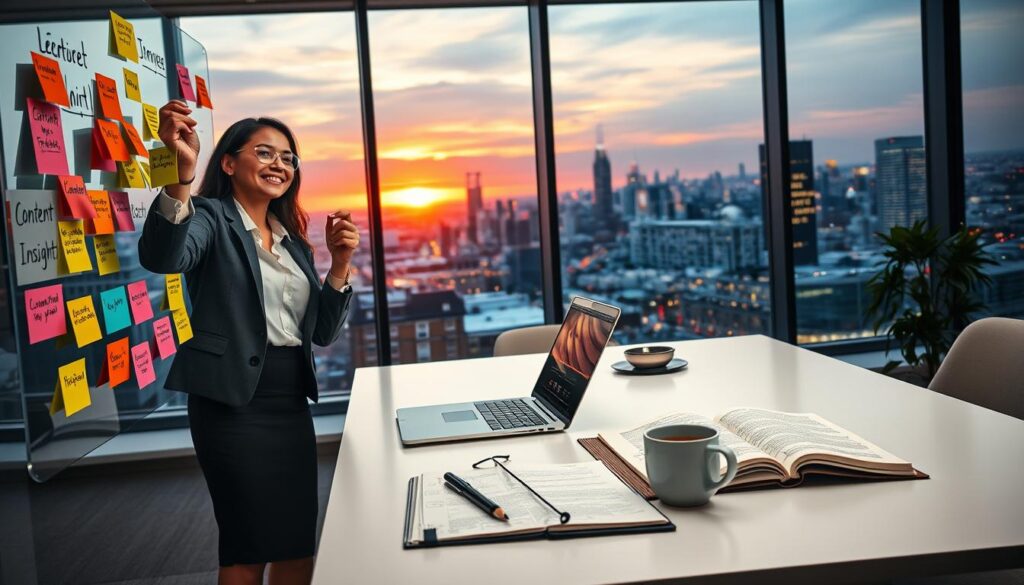 A creative workspace filled with dynamic elements representing AI content hooks for business content. In the foreground, a professional woman in smart business attire enthusiastically sketches ideas on a transparent board, surrounded by colorful sticky notes with thought-provoking phrases. In the middle, a sleek desk features a laptop displaying data-driven insights, alongside a coffee cup and an open notebook filled with brainstorming notes. The background presents a modern office with large windows showcasing a vibrant cityscape illuminated by the warm glow of sunset, symbolizing opportunity and innovation. The atmosphere is vibrant and inspiring, reflecting the potential of AI in enhancing business content, with the brand name "AI XLence" subtly integrated into the workspace elements. Soft, diffused lighting enhances the collaborative environment, inviting creativity and engagement.