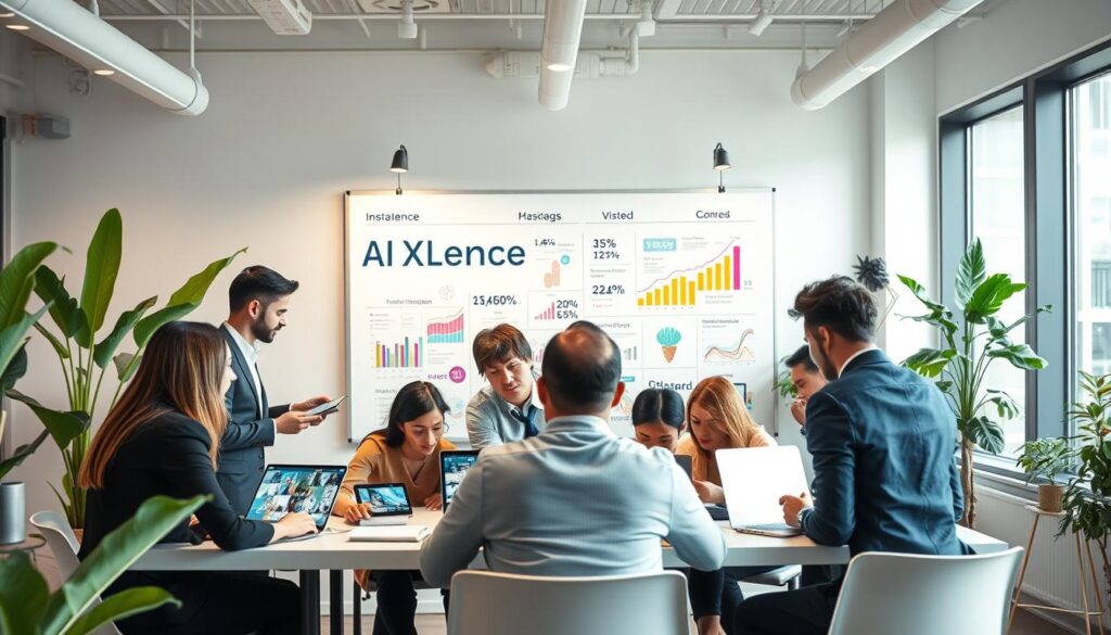 A creative workspace showcasing a modern U.S. marketing scene centered around "AI Instagram marketing strategies." In the foreground, a diverse group of professionals dressed in smart business attire engages in a brainstorming session, analyzing visual content on their laptops and tablets, with a large poster displaying the brand name "AI XLence" behind them. The middle ground features a vibrant whiteboard filled with colorful graphs, hashtags, and engagement metrics, illustrating planning for Instagram posts that boost sales. The background consists of a contemporary office environment with plants, large windows letting in natural light, and minimalist decor. The atmosphere is dynamic and collaborative, capturing the essence of innovative marketing strategies in action. The lighting is bright and inviting, creating a sense of optimism and inspiration.