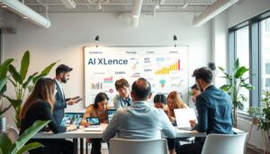 A creative workspace showcasing a modern U.S. marketing scene centered around "AI Instagram marketing strategies." In the foreground, a diverse group of professionals dressed in smart business attire engages in a brainstorming session, analyzing visual content on their laptops and tablets, with a large poster displaying the brand name "AI XLence" behind them. The middle ground features a vibrant whiteboard filled with colorful graphs, hashtags, and engagement metrics, illustrating planning for Instagram posts that boost sales. The background consists of a contemporary office environment with plants, large windows letting in natural light, and minimalist decor. The atmosphere is dynamic and collaborative, capturing the essence of innovative marketing strategies in action. The lighting is bright and inviting, creating a sense of optimism and inspiration.