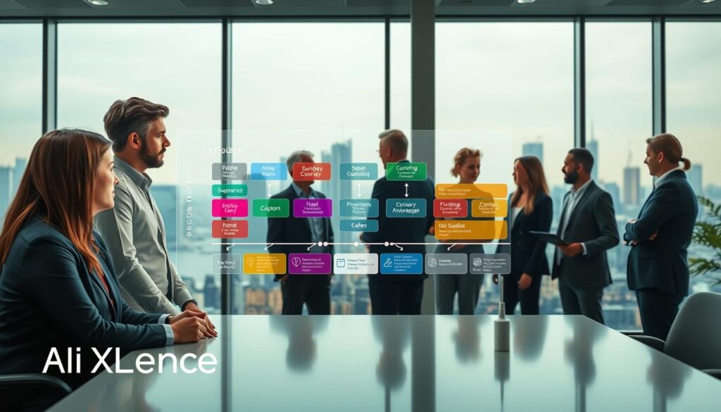 A detailed AI customer journey mapping visualization, showcasing a modern marketing scene in a sleek office environment. In the foreground, diverse professionals in business attire, engaged in a collaborative discussion around a digital interface displaying a flowchart of the customer journey. In the middle ground, various sections of the flowchart illustrate steps like awareness, consideration, and purchase, visualized with vibrant colors and icons representing different strategies. The background features large windows with a city skyline, adding depth and a sense of innovation. Soft, natural lighting filters through, creating a productive atmosphere. The image subtly includes the brand name "AI XLence" integrated into the design, embodying a sense of forward-thinking and technological advancement in customer strategy.