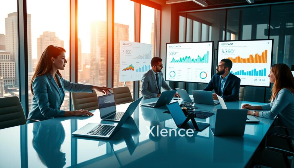 A dynamic digital marketing scene showcasing a diverse group of professionals analyzing search data on a sleek conference table. In the foreground, a focused woman in business attire points at a large screen displaying SEO and AEO analytics. The middle ground features colleagues engaged in discussion, surrounded by laptops and digital devices, symbolizing collaboration and modern marketing strategies. In the background, large windows reveal a bustling cityscape, bathed in warm, natural light, creating an energetic atmosphere. The color palette consists of blues and greens, symbolizing growth and visibility. The brand name "AI XLence" is subtly integrated into the design of gadgets and screens. The composition should convey professionalism and innovation, capturing the essence of enhancing search visibility in a modern U.S. marketing context.