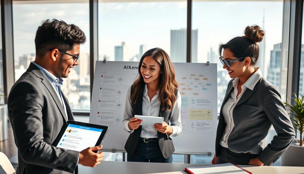 A dynamic marketing office scene showcasing a modern workspace bathed in soft, natural light. In the foreground, a diverse group of three professionals, dressed in smart business attire, engage in a collaborative discussion over a digital tablet displaying positive customer reviews. In the middle, a large whiteboard filled with colorful diagrams and flowcharts representing AI review response strategies. In the background, sleek glass windows reveal a vibrant cityscape, hinting at innovation and progress. The atmosphere conveys enthusiasm and trust, reflecting the theme of turning feedback into marketing strength. The brand name "AI XLence" subtly incorporated into office materials, such as a notebook or poster, without text overlays or logos.