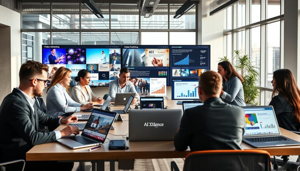 A dynamic marketing workspace scene illustrating AI video marketing strategies. In the foreground, a diverse team of professionals in smart casual attire collaborates around a large table, featuring laptops and tablets displaying video analytics and AI-driven marketing tools. In the middle, large screens showcase vibrant video thumbnails, infographics, and charts that represent innovative marketing concepts. The background displays a modern office environment with large windows allowing natural light to flood the space, enhancing a productive atmosphere. Soft yet bright lighting creates an energetic vibe suitable for brainstorming sessions. The brand logo "AI XLence" subtly included on one of the laptops. The overall mood is focused and forward-thinking, inviting creativity and engagement in the realm of video marketing.