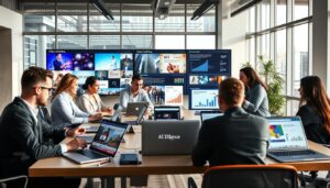 A dynamic marketing workspace scene illustrating AI video marketing strategies. In the foreground, a diverse team of professionals in smart casual attire collaborates around a large table, featuring laptops and tablets displaying video analytics and AI-driven marketing tools. In the middle, large screens showcase vibrant video thumbnails, infographics, and charts that represent innovative marketing concepts. The background displays a modern office environment with large windows allowing natural light to flood the space, enhancing a productive atmosphere. Soft yet bright lighting creates an energetic vibe suitable for brainstorming sessions. The brand logo "AI XLence" subtly included on one of the laptops. The overall mood is focused and forward-thinking, inviting creativity and engagement in the realm of video marketing.