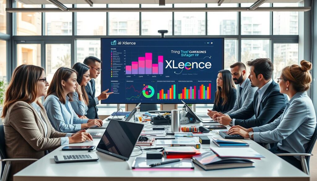 A dynamic modern marketing scene showcasing a vibrant AI digital product launch strategy. In the foreground, a diverse team of professionals in business attire, deeply engaged in a brainstorming session around a sleek table littered with digital devices and marketing materials. In the middle ground, a large digital screen displays colorful, interactive charts and graphs representing campaign analytics with the brand name "AI XLence" prominently featured. The background features an open, airy office environment with large windows allowing natural light to flood in, generating a warm, collaborative atmosphere. The composition is balanced and focused, highlighting teamwork and innovation, all captured in a high-resolution, slightly elevated angle to enhance depth and perspective. The mood conveys excitement and forward-thinking, emphasizing strategic planning.