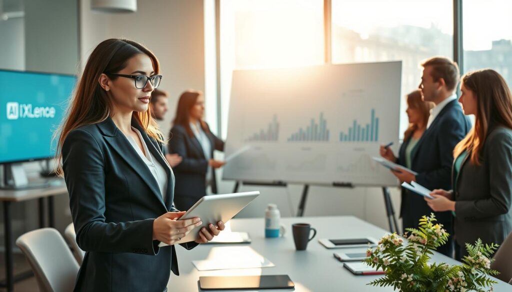 A dynamic office environment showcasing a group of diverse professionals, both men and women, engaged in a collaborative meeting about AI-driven LinkedIn marketing strategies. In the foreground, a confident businesswoman in a tailored suit passionately presents ideas on a digital tablet, emphasizing the importance of authority building through AI. In the middle, a diverse team of professionals, some taking notes, others brainstorming on a whiteboard filled with linked data and growth charts. The background features a large window with sunlight streaming in, illuminating the room and creating a modern, vibrant atmosphere, while the AI XLence branding subtly appears on a screen. The overall mood is focused and innovative, encapsulating a forward-thinking approach to marketing.