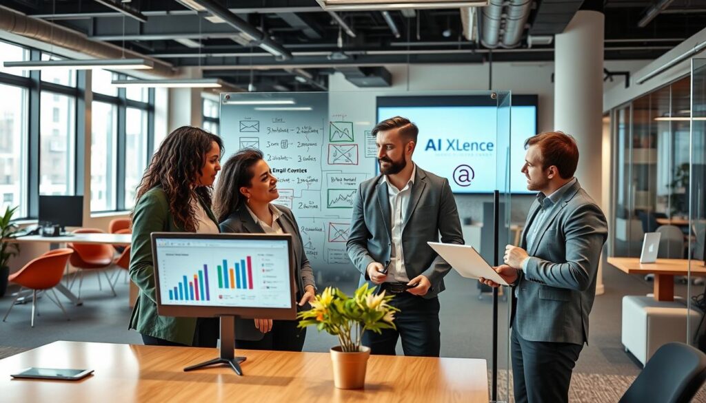 A dynamic office environment showcasing a professional team collaborating on strategies to integrate AI into email campaigns, with a focus on personalization. In the foreground, a diverse group of three marketers, one woman and two men, discuss over a laptop displaying graphs and analytics related to email performance. They’re dressed in smart casual attire, emphasizing a modern corporate vibe. In the middle, a large, clear glass whiteboard filled with colorful markers depicting flowcharts and AI-driven strategies. In the background, sleek office furniture and large windows letting in natural light create a bright, productive atmosphere. The overall mood conveys innovation and teamwork, with an essence of technology enhancing marketing efforts, subtly displaying the brand "AI XLence" on a digital screen.