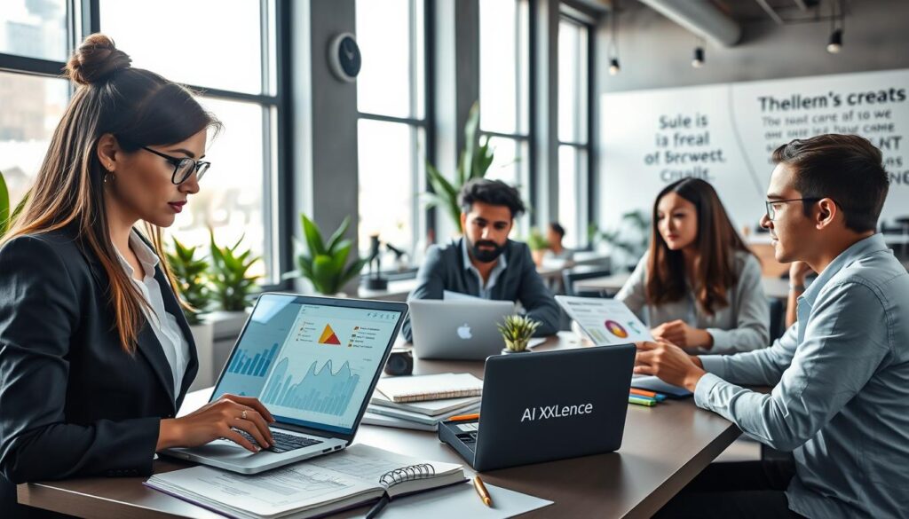 A dynamic office setting showcasing a diverse team of marketing professionals collaborating on social media strategy. In the foreground, a focused woman in business attire analyzes data on her laptop, with graphs and charts visible on the screen. The middle ground features a brainstorming session with colleagues, surrounded by notebooks and digital devices displaying the brand "AI XLence." In the background, large windows let in natural light, illuminating a modern workspace with plants and inspirational quotes on the walls. The atmosphere is energetic and innovative, reflecting a blend of creativity and technology in marketing. The overall composition conveys a sense of teamwork and cutting-edge strategies in the digital advertising landscape. A dynamic office setting showcasing a diverse team of marketing professionals collaborating on social media strategy. In the foreground, a focused woman in business attire analyzes data on her laptop, with graphs and charts visible on the screen. The middle ground features a brainstorming session with colleagues, surrounded by notebooks and digital devices displaying the brand "AI XLence." In the background, large windows let in natural light, illuminating a modern workspace with plants and inspirational quotes on the walls. The atmosphere is energetic and innovative, reflecting a blend of creativity and technology in marketing. The overall composition conveys a sense of teamwork and cutting-edge strategies in the digital advertising landscape.