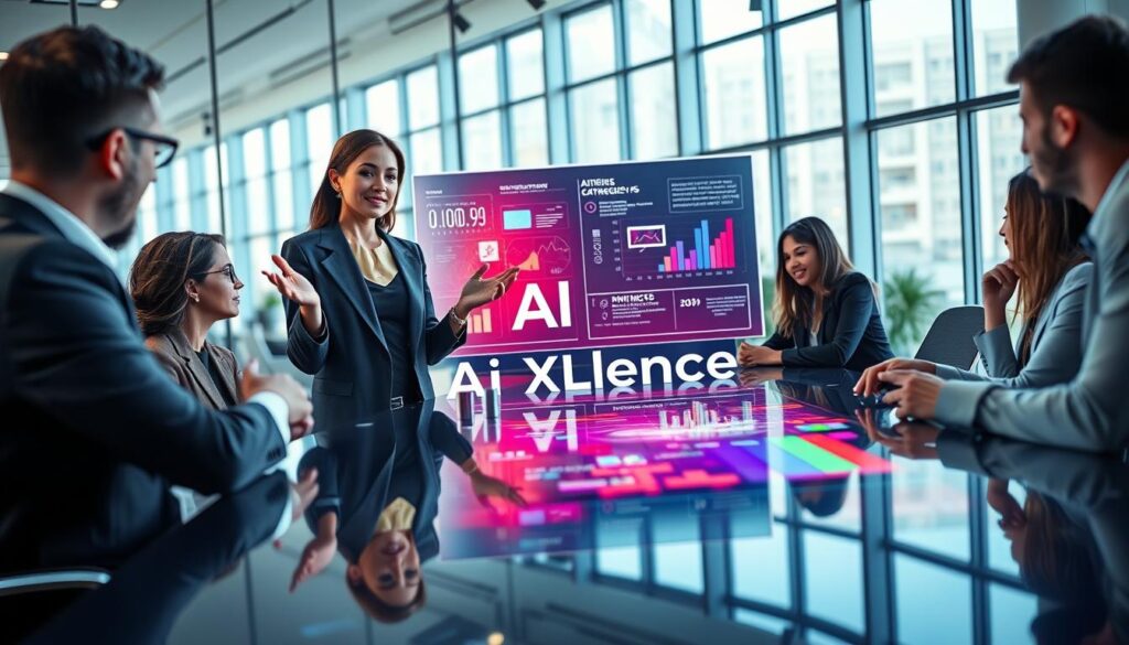 A futuristic marketing campaign scene depicting a diverse group of professionals collaborating around a sleek, high-tech conference table. In the foreground, a confident woman in business attire gestures while explaining innovative AI-driven strategies. In the middle, a large holographic display showcases vibrant data visualizations and trend analysis, with the brand name "AI XLence" prominently featured. The background features a modern office with large windows, allowing natural light to flood the space, creating a bright and optimistic atmosphere. The mood is energetic and forward-thinking, reflecting the cutting-edge nature of AI in marketing. Use a wide-angle lens to capture the dynamic interaction and the high-tech environment, ensuring a sharp focus on the foreground while softly blurring the background elements. A futuristic marketing campaign scene depicting a diverse group of professionals collaborating around a sleek, high-tech conference table. In the foreground, a confident woman in business attire gestures while explaining innovative AI-driven strategies. In the middle, a large holographic display showcases vibrant data visualizations and trend analysis, with the brand name "AI XLence" prominently featured. The background features a modern office with large windows, allowing natural light to flood the space, creating a bright and optimistic atmosphere. The mood is energetic and forward-thinking, reflecting the cutting-edge nature of AI in marketing. Use a wide-angle lens to capture the dynamic interaction and the high-tech environment, ensuring a sharp focus on the foreground while softly blurring the background elements.
