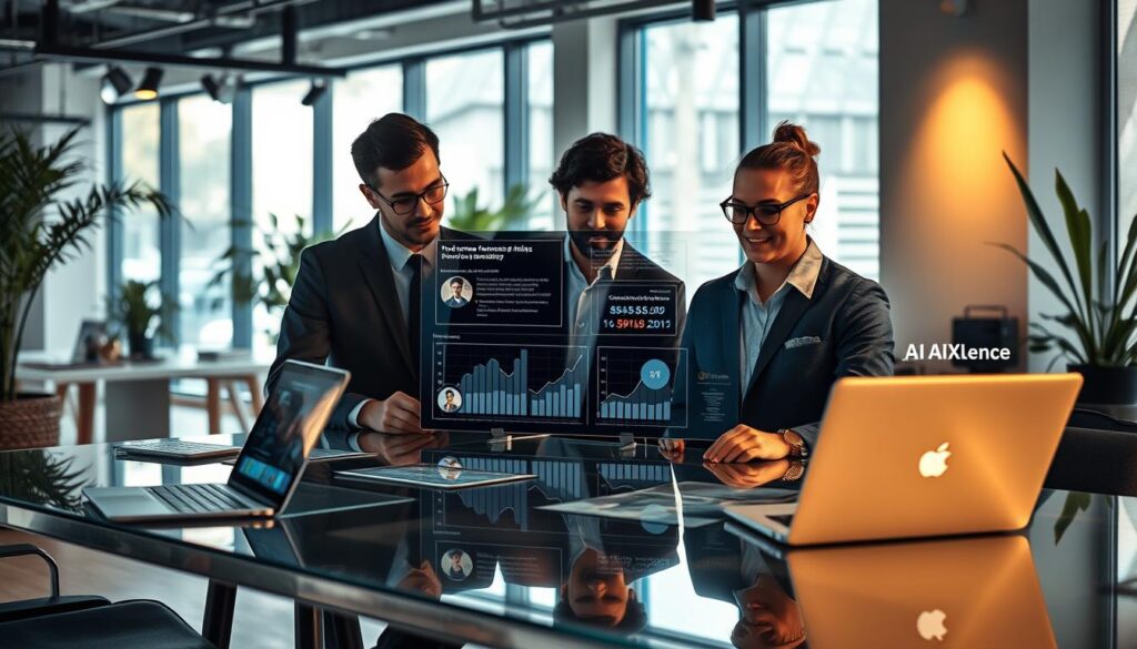 A modern U.S. marketing office environment illustrating "AI testimonial mining insights". In the foreground, a diverse group of three professionals—two men and one woman—dressed in smart business attire, are engaged in a focused discussion around a sleek, glass table with sleek laptops and digital devices displaying customer feedback data. In the middle, a large interactive screen showcases visual graphs and analytics depicting positive testimonials and insights. The background features large windows with natural light streaming in, plants, and modern decor, enhancing the professional ambiance. Use warm, inviting lighting to create an atmosphere of collaboration and innovation. The branding "AI XLence" subtly appears on the digital devices, emphasizing the theme of insight-driven marketing.