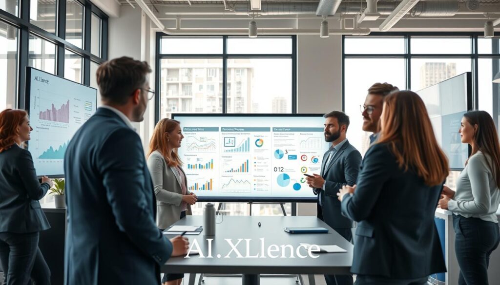 A modern U.S. marketing office environment showcasing a small business scene focused on AI market research. In the foreground, a diverse group of professionals in business attire engaged in discussion, surrounded by graphs, charts, and data visualizations displayed on sleek digital screens. In the middle ground, a large whiteboard filled with AI-related marketing strategies and customer insights for small businesses. In the background, large windows letting in natural light, giving a bright and energetic atmosphere. The colors are vibrant, with a professional yet creative feel, reflecting innovation and collaboration. The brand “AI XLence” subtly integrated into the design elements of the workspace, without any text overlays. The perspective is slightly angled to create depth, showing the dynamic interaction among team members.