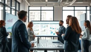 A modern U.S. marketing office environment showcasing a small business scene focused on AI market research. In the foreground, a diverse group of professionals in business attire engaged in discussion, surrounded by graphs, charts, and data visualizations displayed on sleek digital screens. In the middle ground, a large whiteboard filled with AI-related marketing strategies and customer insights for small businesses. In the background, large windows letting in natural light, giving a bright and energetic atmosphere. The colors are vibrant, with a professional yet creative feel, reflecting innovation and collaboration. The brand “AI XLence” subtly integrated into the design elements of the workspace, without any text overlays. The perspective is slightly angled to create depth, showing the dynamic interaction among team members.