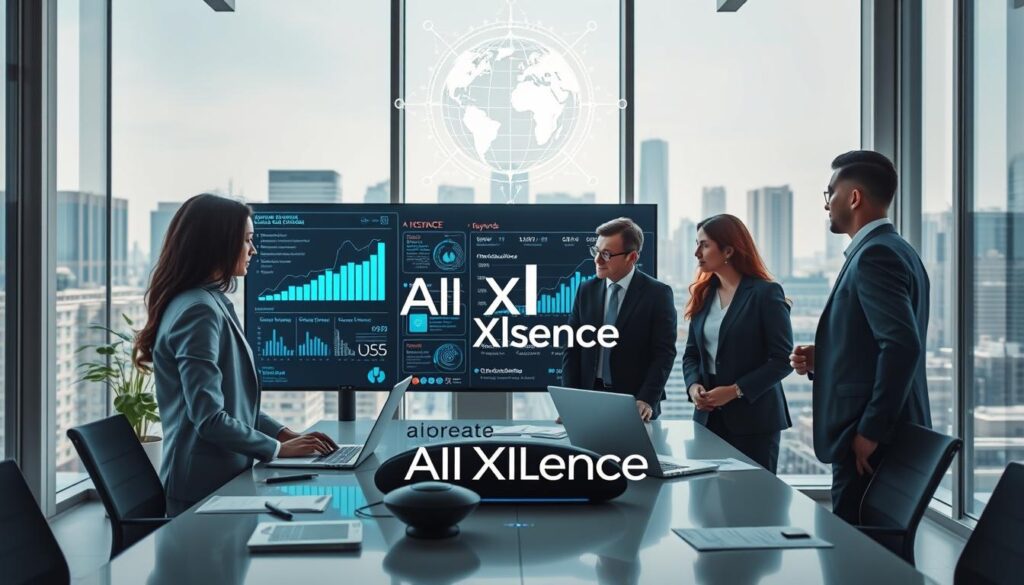 A modern U.S. marketing office, focused on the theme of "Integrating AI SEO Strategies." In the foreground, a diverse group of three professionals, dressed in smart business attire, engage in a dynamic discussion around a large digital screen displaying intricate graphs and keywords. The middle layer features a sleek conference table filled with laptops, notes, and a futuristic AI assistant device. The background showcases large windows with a city skyline view, allowing natural light to flood the room, creating a bright and inspiring atmosphere. A digital globe icon above the screen emphasizes global digital presence, with various interconnected lines symbolizing SEO, AEO, and GEO strategies. The branding "AI XLence" subtly integrated into the digital display, enhancing the professional ambiance without any text overlays.
