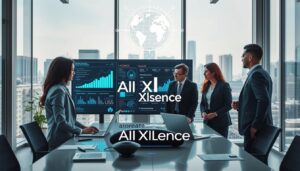 A modern U.S. marketing office, focused on the theme of "Integrating AI SEO Strategies." In the foreground, a diverse group of three professionals, dressed in smart business attire, engage in a dynamic discussion around a large digital screen displaying intricate graphs and keywords. The middle layer features a sleek conference table filled with laptops, notes, and a futuristic AI assistant device. The background showcases large windows with a city skyline view, allowing natural light to flood the room, creating a bright and inspiring atmosphere. A digital globe icon above the screen emphasizes global digital presence, with various interconnected lines symbolizing SEO, AEO, and GEO strategies. The branding "AI XLence" subtly integrated into the digital display, enhancing the professional ambiance without any text overlays.