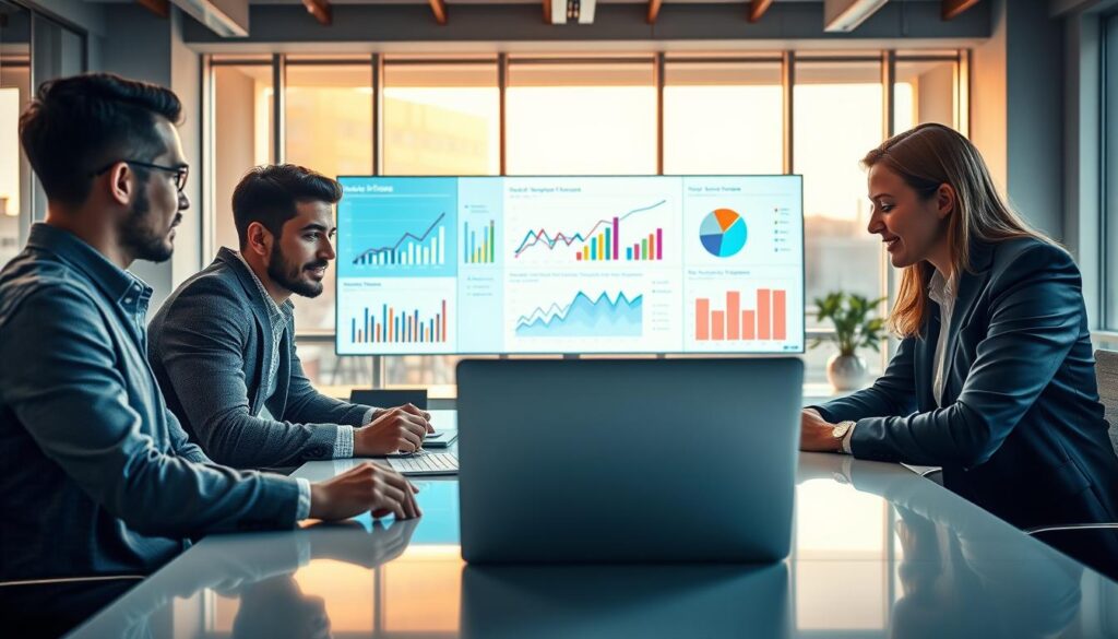 A modern U.S. marketing office scene depicting professionals engaged in a strategic brainstorming session focused on overcoming common pitfalls in AI-driven segmentation. In the foreground, a diverse group of three professionals (two men and one woman) in business attire are gathered around a sleek conference table, examining colorful charts and data on a laptop. The middle ground features a large digital screen displaying dynamic segmentation graphs and statistics. In the background, modern office decor with large windows allowing warm, natural light to fill the space, creating an inviting and energetic atmosphere. Emphasize a sense of collaboration and innovation. The brand "AI XLence" should be subtly integrated into the digital display. The overall mood is proactive and insightful, reflecting a cutting-edge approach to customer segmentation strategy. A modern U.S. marketing office scene depicting professionals engaged in a strategic brainstorming session focused on overcoming common pitfalls in AI-driven segmentation. In the foreground, a diverse group of three professionals (two men and one woman) in business attire are gathered around a sleek conference table, examining colorful charts and data on a laptop. The middle ground features a large digital screen displaying dynamic segmentation graphs and statistics. In the background, modern office decor with large windows allowing warm, natural light to fill the space, creating an inviting and energetic atmosphere. Emphasize a sense of collaboration and innovation. The brand "AI XLence" should be subtly integrated into the digital display. The overall mood is proactive and insightful, reflecting a cutting-edge approach to customer segmentation strategy.