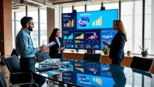 A modern U.S. marketing office scene focused on AI case study marketing. In the foreground, a diverse group of three business professionals dressed in professional attire—two men and one woman—are engaged in an animated discussion around a sleek, glass table. They are reviewing colorful presentation materials showcasing data-driven results. In the middle ground, a large digital screen displays captivating visuals of charts and graphs, labeled "AI XLence" with vibrant colors and dynamic designs. The background features a contemporary office space with large windows allowing natural light to stream in, casting soft shadows. The atmosphere is energized, suggesting collaboration and innovation, with a warm color palette to evoke a feeling of professionalism and success.