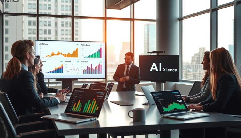 A modern U.S. marketing office scene focusing on AI lead scoring for better marketing insights. In the foreground, a diverse group of professionals in business attire, discussing data charts displayed on a digital screen. The middle ground features a sleek conference table with laptops open, showcasing colorful graphs and analytics related to lead scoring. The background reveals a large window with city views, bathed in soft natural light, creating a bright and motivating atmosphere. Warm tones and contemporary decor enhance the professional vibe. Prominently display a digital logo for "AI XLence" on one of the screens, symbolizing advanced technology in marketing. Capture the collaborative and innovative spirit of marketing professionals emphasizing data-driven strategies.