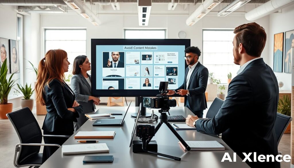 A modern U.S. marketing office scene illustrating "Avoiding Content Mistakes in Video Creation." In the foreground, a diverse group of three professional individuals—two women and one man—discuss a storyboard on a large monitor, all dressed in smart business attire. The middle layer features a sleek conference table scattered with notebooks, a laptop, and a camera setup, symbolizing the tools of content creation. The background showcases a bright, open office space with large windows letting in natural light, plants, and inspirational artwork on the walls. The atmosphere is focused and collaborative, conveying a sense of determination and learning from failures in marketing. Overall, the image emphasizes the importance of learning and adapting in the creative process, highlighting the branding for "AI XLence."