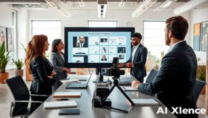 A modern U.S. marketing office scene illustrating "Avoiding Content Mistakes in Video Creation." In the foreground, a diverse group of three professional individuals—two women and one man—discuss a storyboard on a large monitor, all dressed in smart business attire. The middle layer features a sleek conference table scattered with notebooks, a laptop, and a camera setup, symbolizing the tools of content creation. The background showcases a bright, open office space with large windows letting in natural light, plants, and inspirational artwork on the walls. The atmosphere is focused and collaborative, conveying a sense of determination and learning from failures in marketing. Overall, the image emphasizes the importance of learning and adapting in the creative process, highlighting the branding for "AI XLence."