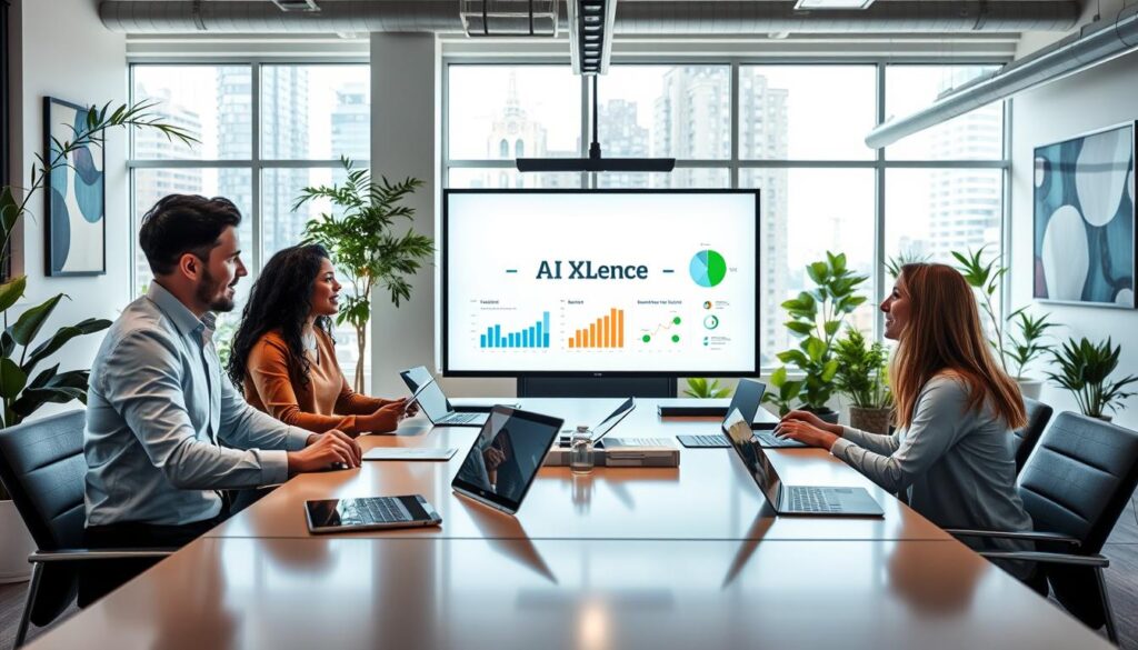 A modern U.S. marketing office scene illustrating the concept of "Choosing the Right AI Platforms and Tools." In the foreground, a diverse group of four professionals, dressed in smart casual business attire, engaged in a lively discussion around a large, tech-savvy conference table. In the middle, various digital devices like tablets, laptops, and a digital whiteboard displaying the brand name "AI XLence" with charts and data visualizations related to marketing strategies. In the background, a bright and airy office environment with large windows allowing natural light to flood the space, plants for a touch of greenery, and abstract art on the walls. The mood is collaborative and innovative, suggesting dynamic decision-making in a fast-paced marketing setting. A modern U.S. marketing office scene illustrating the concept of "Choosing the Right AI Platforms and Tools." In the foreground, a diverse group of four professionals, dressed in smart casual business attire, engaged in a lively discussion around a large, tech-savvy conference table. In the middle, various digital devices like tablets, laptops, and a digital whiteboard displaying the brand name "AI XLence" with charts and data visualizations related to marketing strategies. In the background, a bright and airy office environment with large windows allowing natural light to flood the space, plants for a touch of greenery, and abstract art on the walls. The mood is collaborative and innovative, suggesting dynamic decision-making in a fast-paced marketing setting.