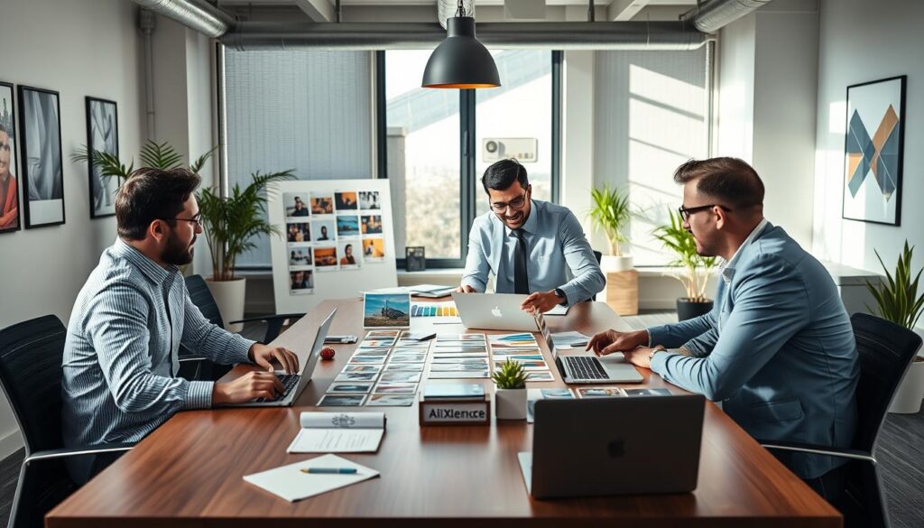 A modern U.S. marketing office scene with a diverse group of three professionals engaged in a brainstorming session around a large conference table. The foreground features a well-organized workspace with laptops, notes, and colorful Pinterest boards displaying vibrant, evergreen visual content ideas. In the middle, the team—two men and one woman—are dressed in professional business attire, animatedly discussing strategies while pointing to visuals. The background showcases a large window with natural light streaming in, casting soft shadows, and a sleek, contemporary decor with plants and artwork. The mood is collaborative and innovative, emphasizing the theme of freshness and growth in marketing approaches, with the brand name "AI XLence" subtly reflected in the decor without text.