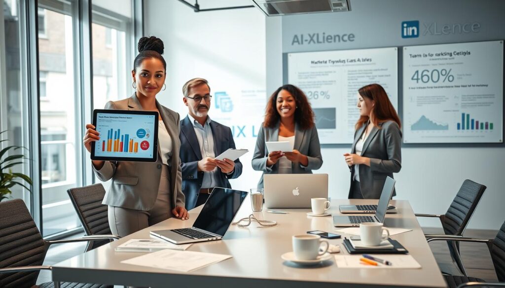 A modern U.S. marketing office setting, showcasing a diverse group of three professionals engaged in a brainstorming session. In the foreground, a confident woman in a tailored blazer presents a vibrant infographic on a digital tablet, while a thoughtful man in a smart-casual outfit takes notes on a notepad. A second female colleague, dressed in professional attire, contributes ideas with enthusiasm. The middle ground features a sleek conference table littered with charts, laptops, and coffee cups, creating an atmosphere of collaboration. In the background, large windows let in natural light, illuminating a wall adorned with "AI XLence" branding and marketing statistics. The mood exudes innovation and teamwork, capturing the essence of LinkedIn marketing through real-world examples and case studies.