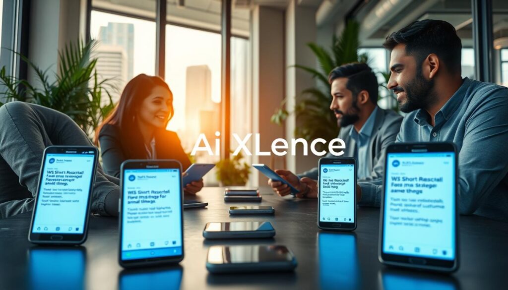 A modern U.S. marketing office where a diverse team of professionals are actively collaborating on AI SMS marketing strategies for small businesses. In the foreground, show a table with vibrant smartphones displaying short, respectful SMS messages aimed at customers. In the middle ground, a Black woman in a smart business outfit discusses strategy with a Hispanic man, both focused and engaged. The background features a large window with city views, brightening the space with natural daylight. The overall atmosphere is energetic and innovative, punctuated by plants that add a touch of warmth. Incorporate the brand name "AI XLence" subtly in the scene, without any text. The image exudes professionalism and creativity with a soft focus lens effect.